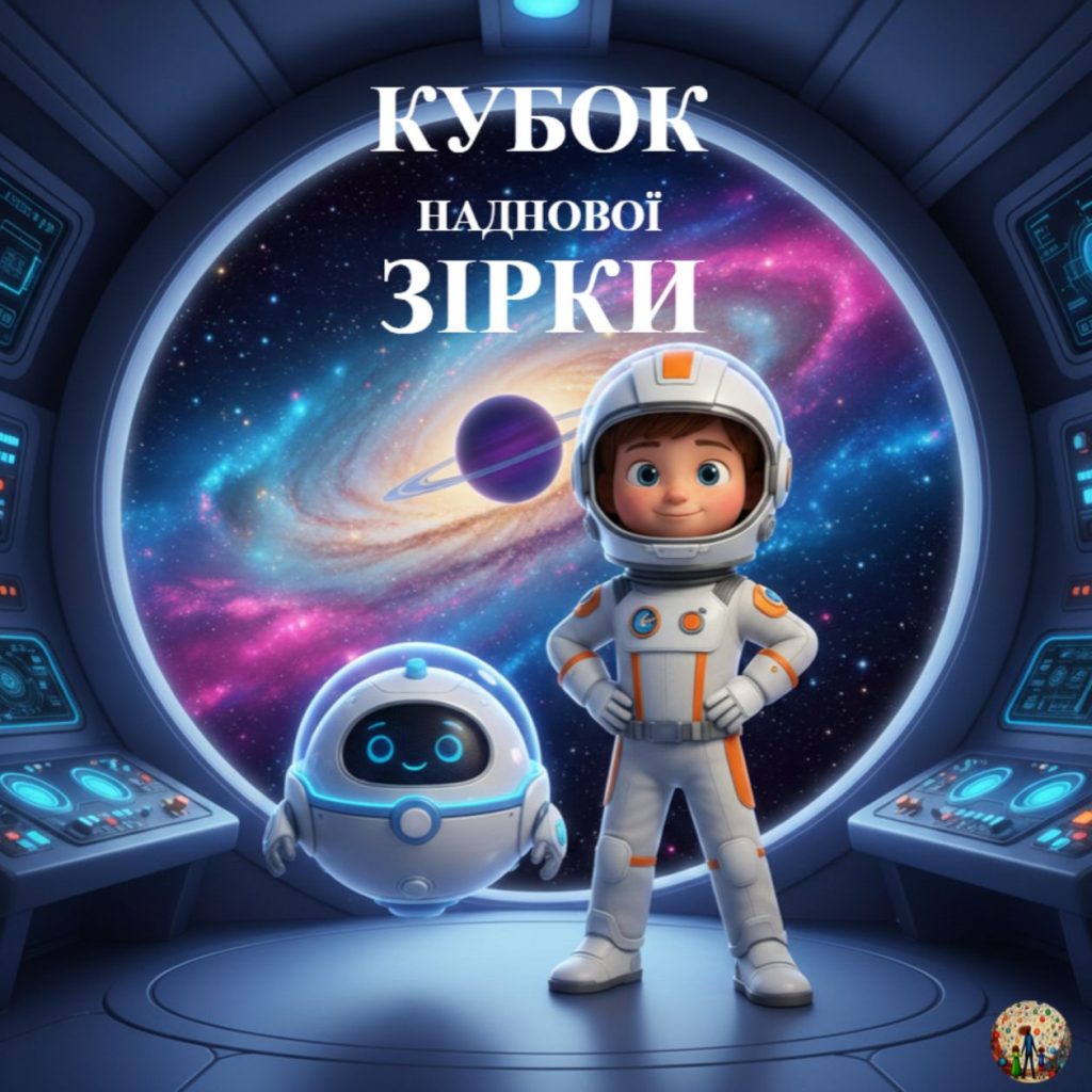 Хлопчик-космонавт Капітан та круглий білий робот Чіп стоять у кабіні космічного корабля на фоні фіолетової галактики та зірок. Стиль 3D пластилін.