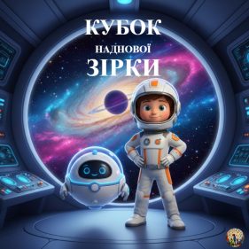 Хлопчик-космонавт Капітан та круглий білий робот Чіп стоять у кабіні космічного корабля на фоні фіолетової галактики та зірок. Стиль 3D пластилін.